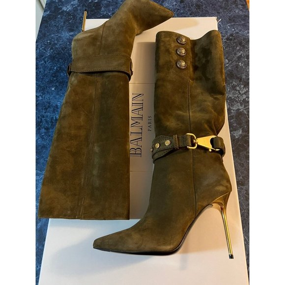 Balmain Shoes - Balmain Robin Suede Knee-High Boots Khaki/Olive Green Color Women’s EU 37/US 7